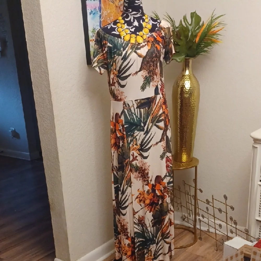 Orange and Green Maxi Sundress with Sleeveless Flutter Sleeves - Picture 1 of 5
